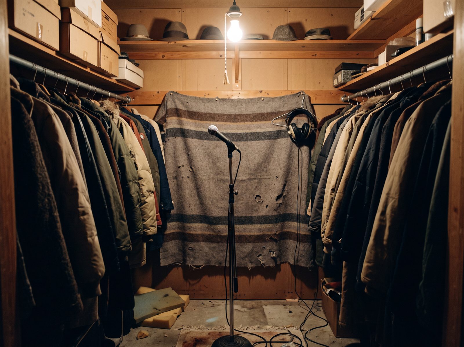 A microphone on a stand in a cedar closet between two racks of winter coats, a worn striped blanket hung behind it and headphones on a hanger, lit by one bare bulb