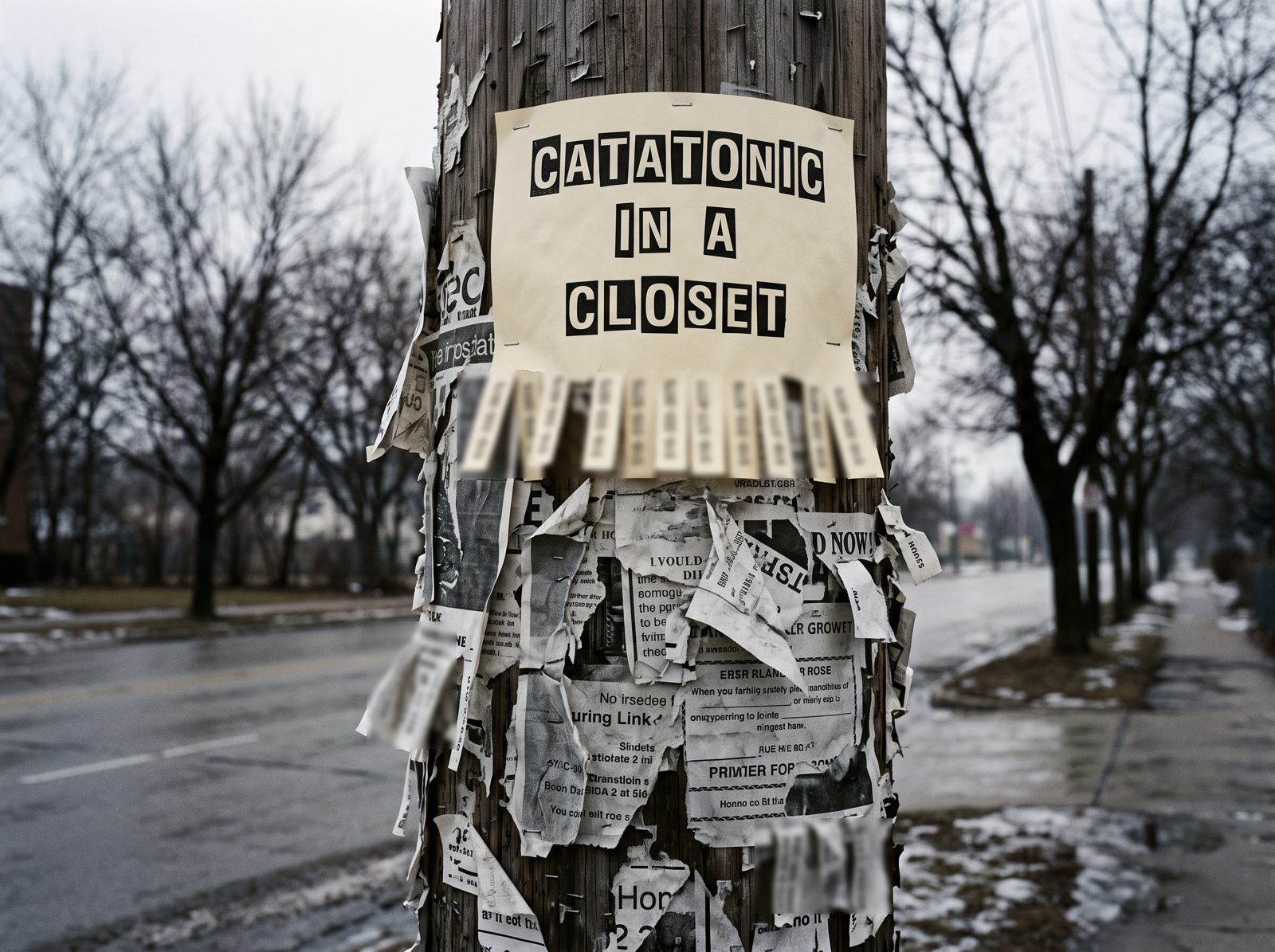A photocopied flyer reading Catatonic in a Closet in cut-out letters, with tear-off tabs, stapled to a telephone pole over older flyers on a wet winter street