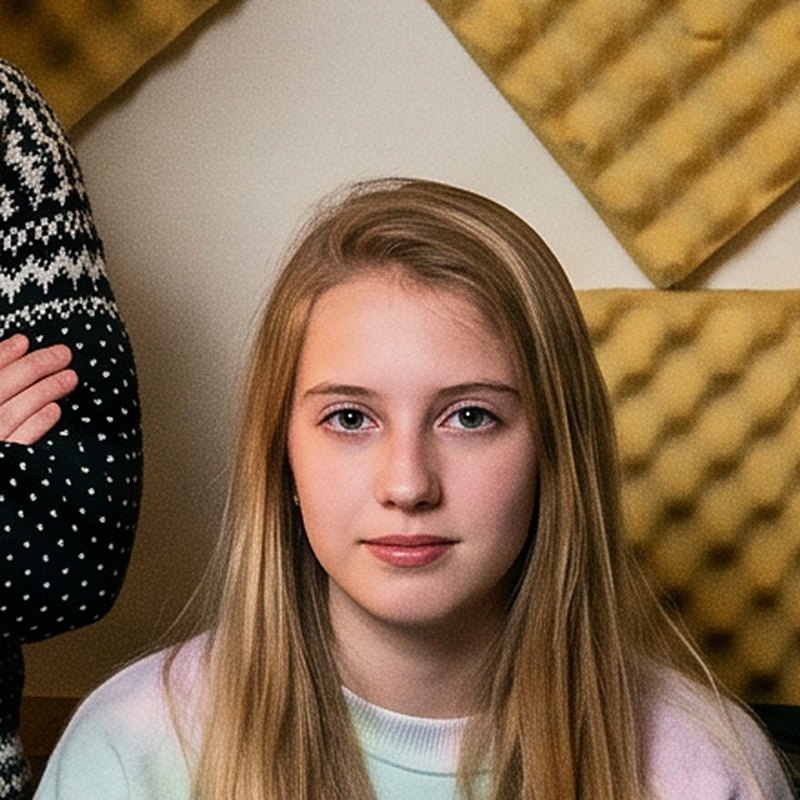 Portrait of Tracy: long straight blonde hair, pastel sweater, egg-crate foam behind her