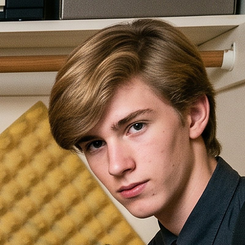 Portrait of Scott: blond hair swept to one side, dark shirt, egg-crate foam behind him
