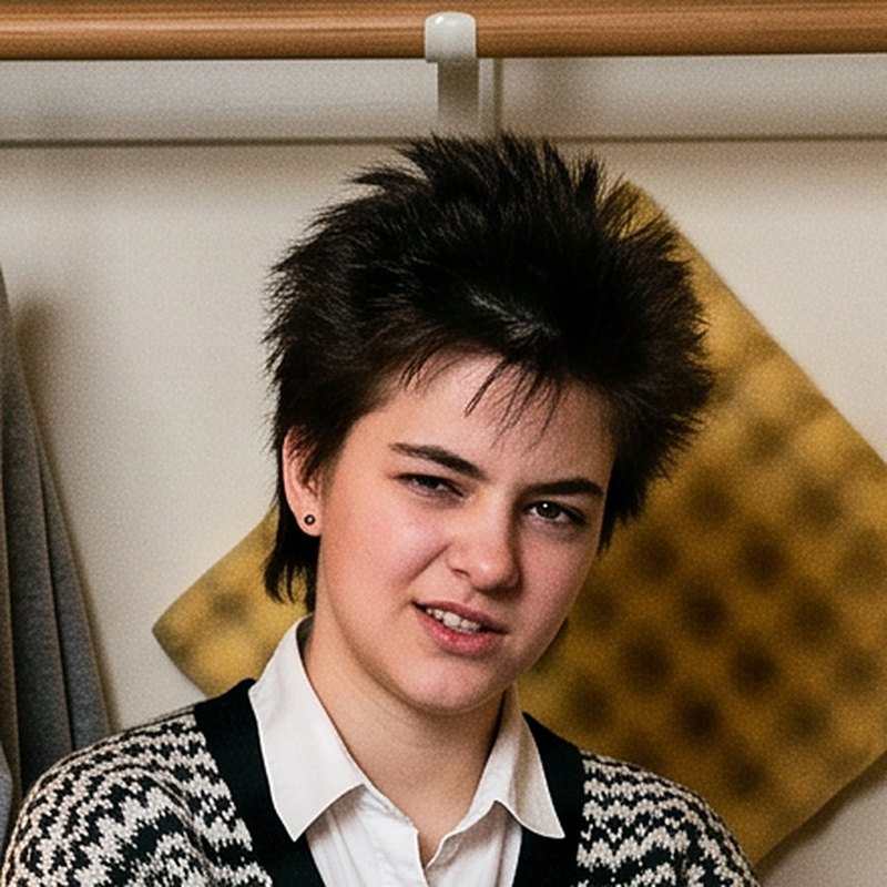 Portrait of Dawn: short spiky dark hair, a Fair Isle cardigan over a white collar, one eyebrow slightly raised