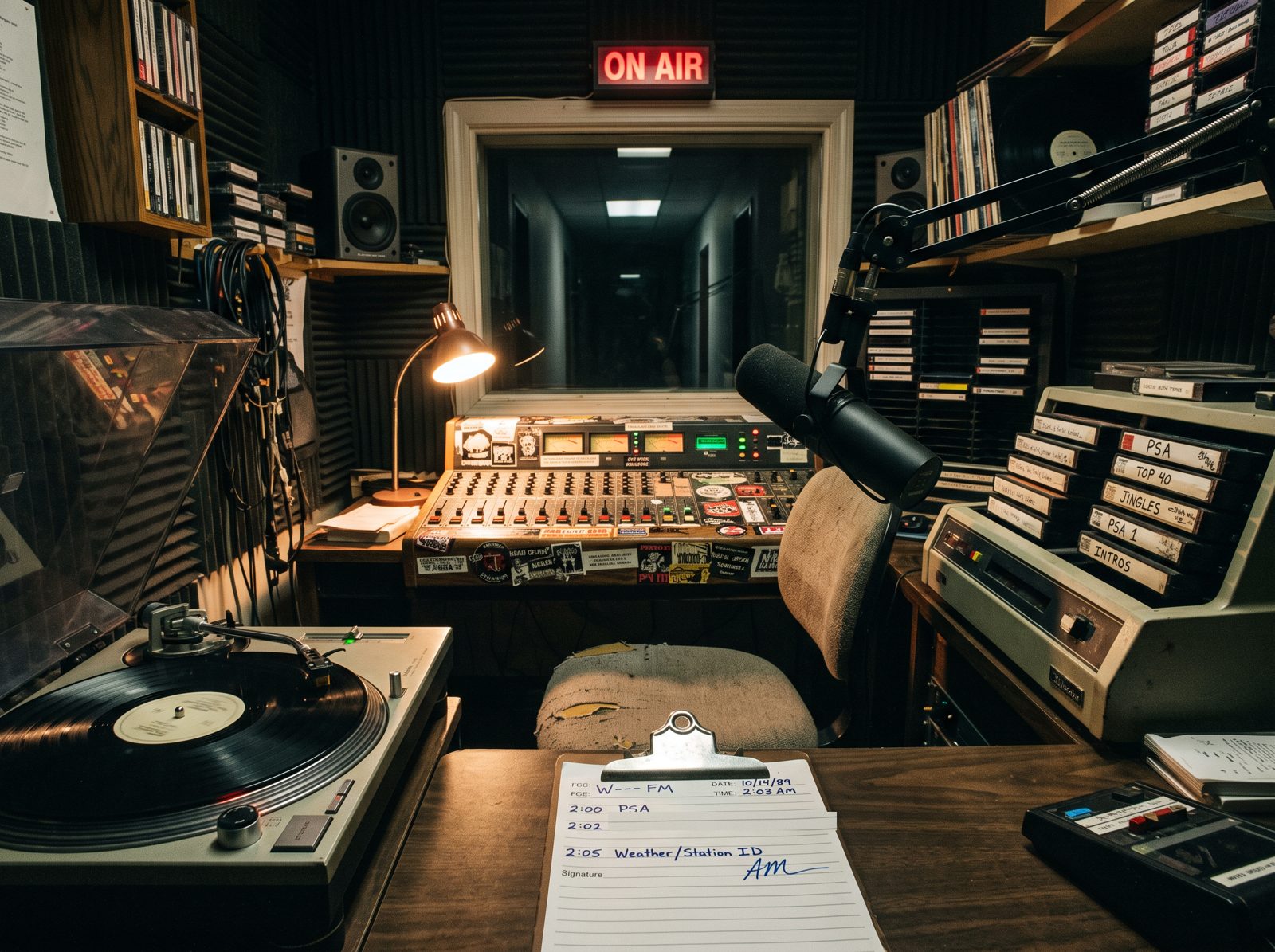A college radio booth at night with a turntable, a sticker-covered mixing board, a cart machine, an on-air sign and a log sheet on a clipboard